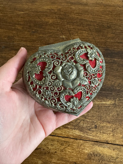 Small Vintage Heart Box with Ornate Metal Detailing Over Red Felt - Mini Trinket Box