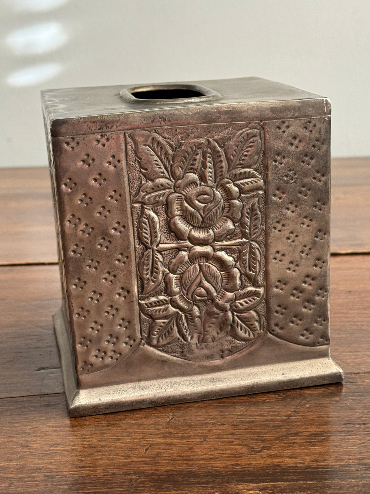 Vintage Silver-Plated Square Tissue Box Holder with Ornate Flower Detailing