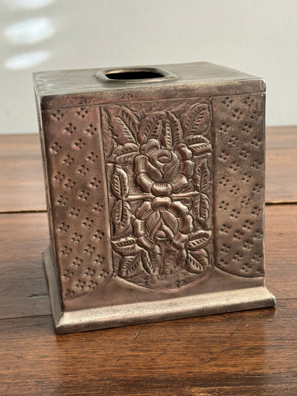 Vintage Silver-Plated Square Tissue Box Holder with Ornate Flower Detailing