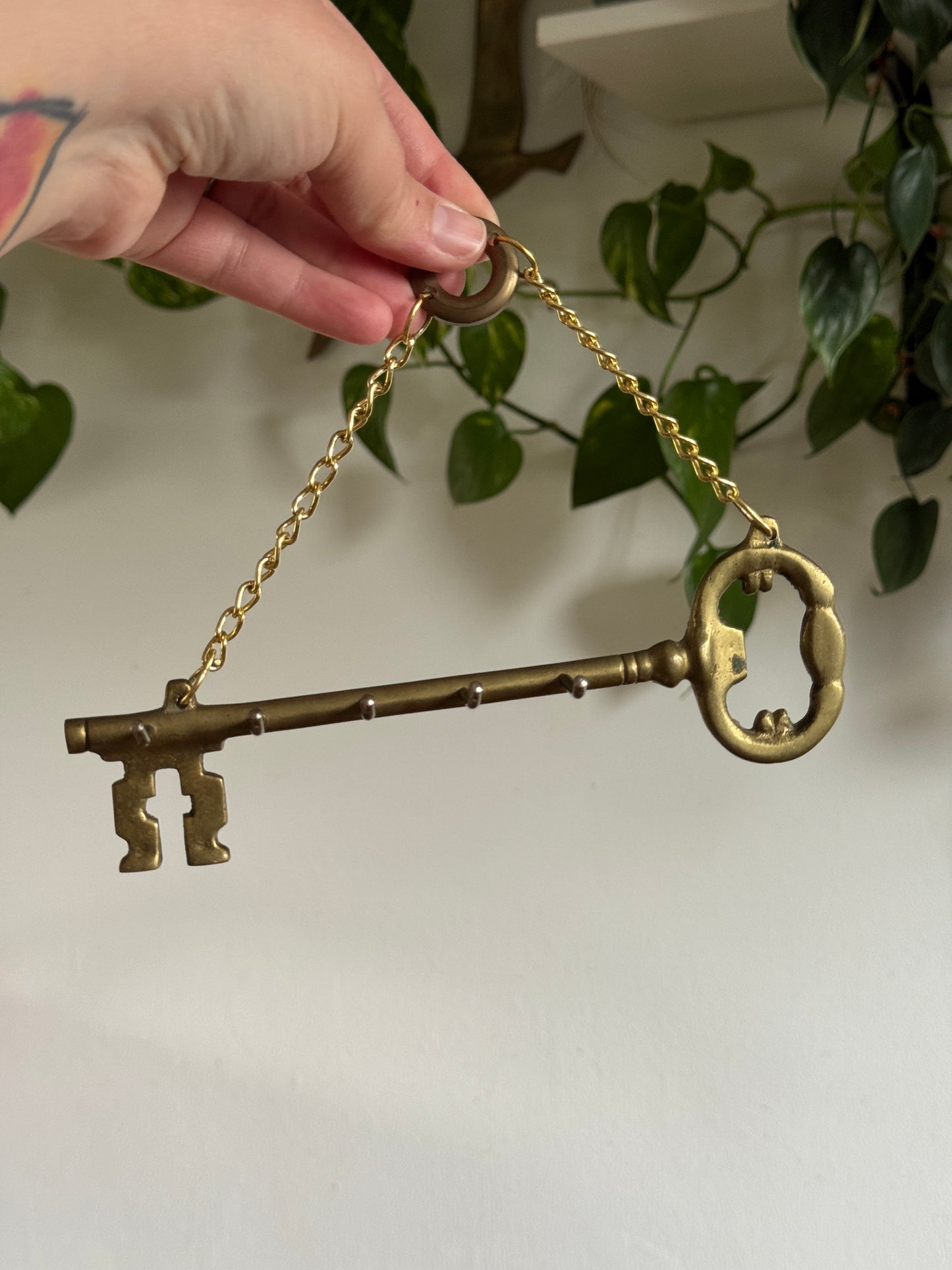 Vintage Brass Key Hook Shaped Like Old Key with Chain and Hooks