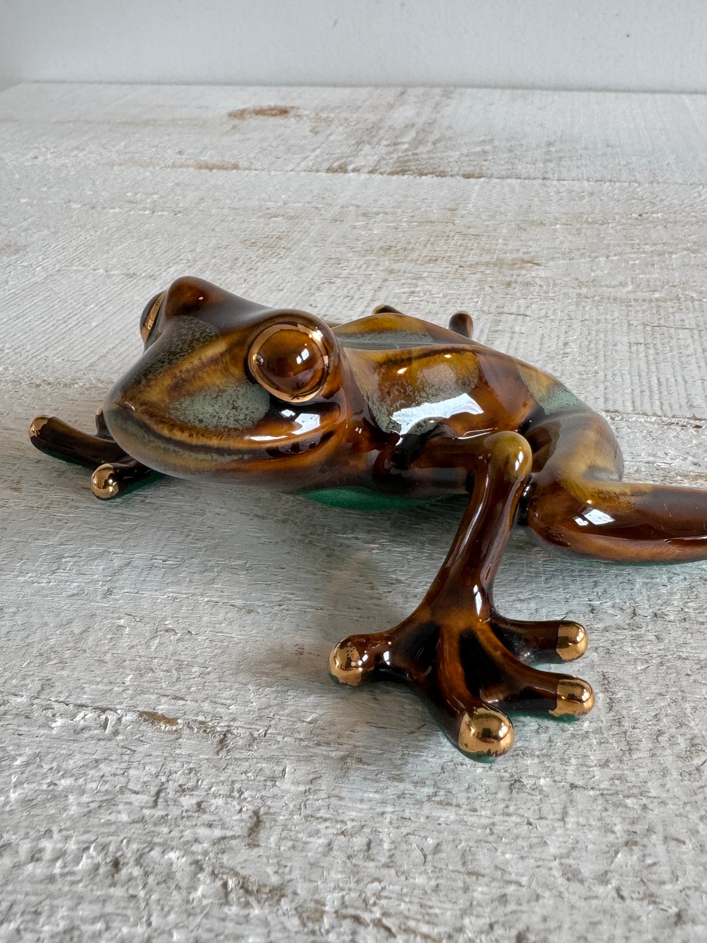 Vintage Pottery Frog with Large Feet - Gold and Green Glazed Frog Figurine