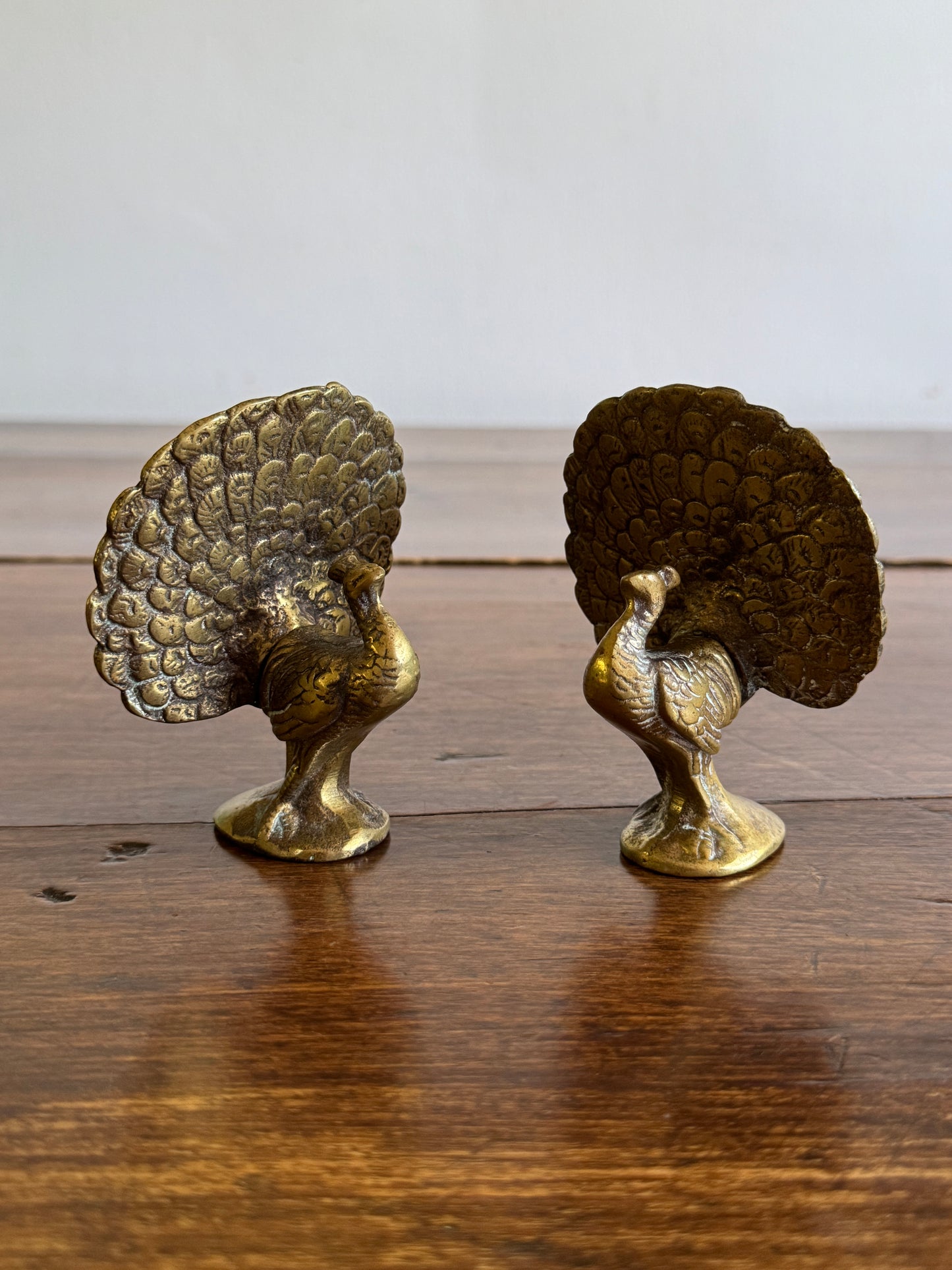 Vintage Pair of Brass Peacocks with Opened Fan Tail Feathers
