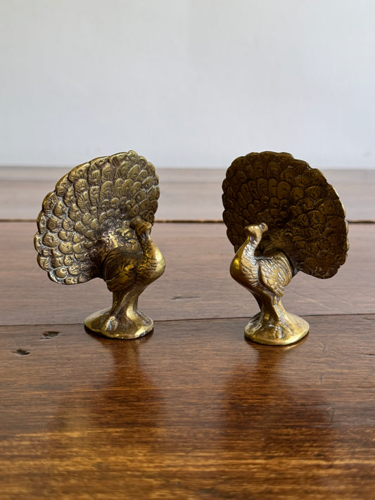 Vintage Pair of Brass Peacocks with Opened Fan Tail Feathers