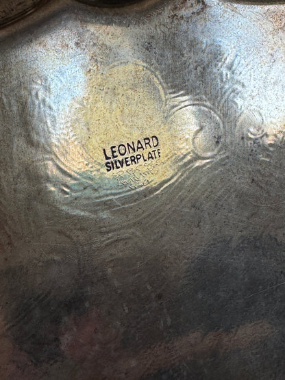 Vintage Large Leonard Silver Plated Over Brass Ornate Serving Platter with Raised Feet and Etched Detailing - Silver Plated Butler Tray