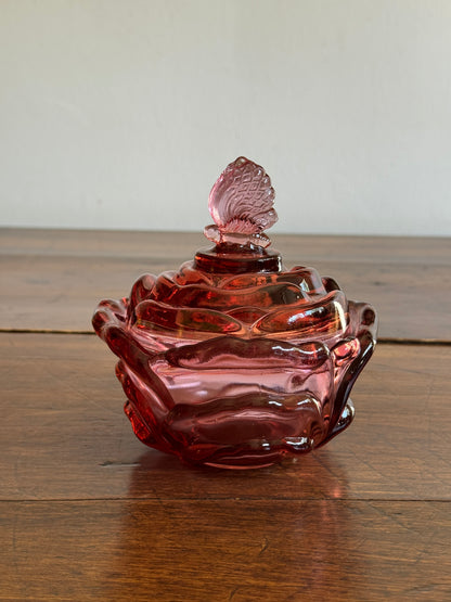Vintage Fenton Pink Dusty Rose Butterfly Trinket Dish with Lid
