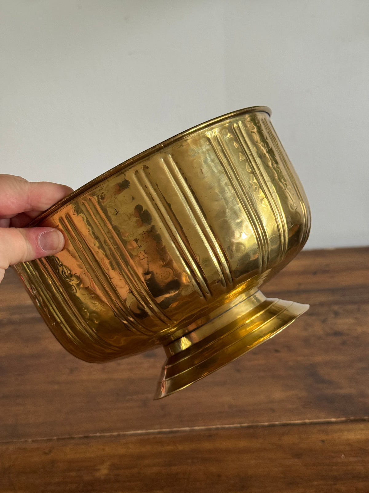 Vintage Shiny Brass Raised Bowl with Hammered Texture and Grooved Sides