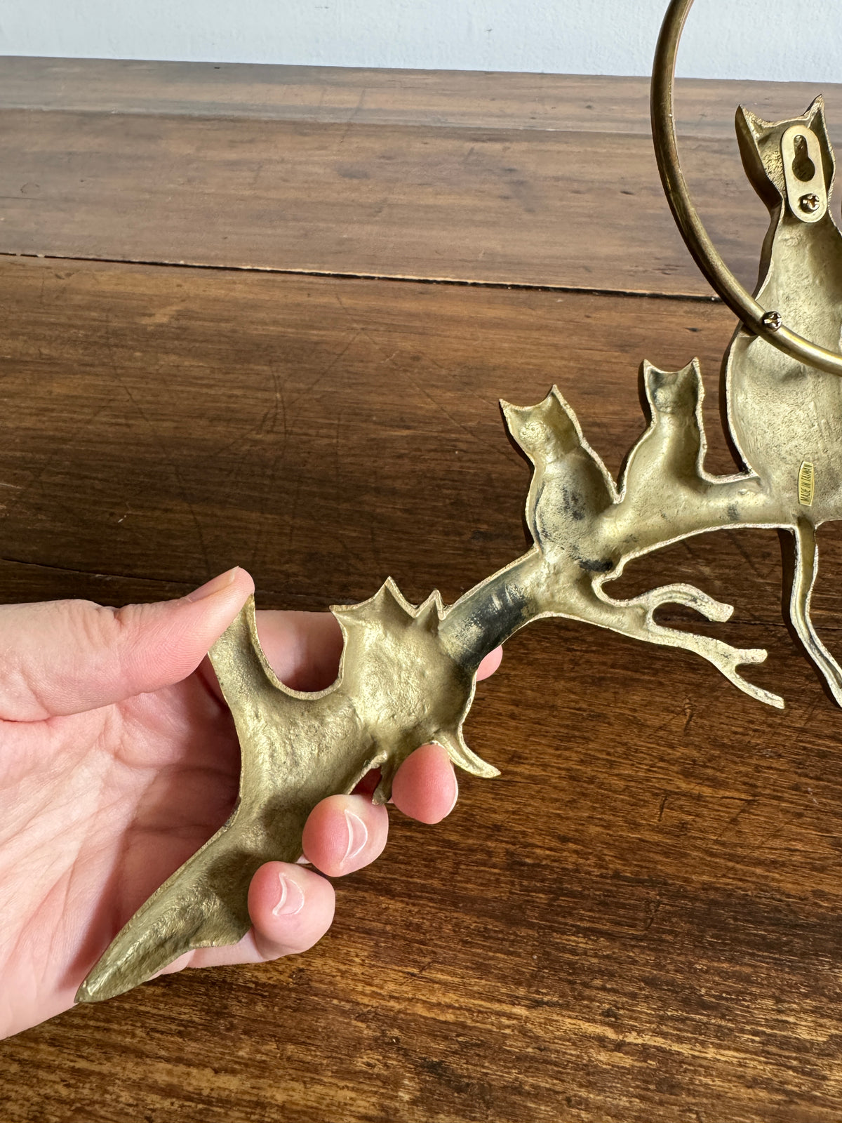 Brass Cats on Branch with Moon Wall Hanging Sculpture