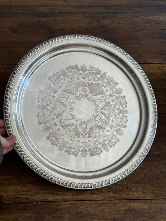 Large Vintage Viking Plate Silver E.P. on Copper Round Tray with Etched Detailing