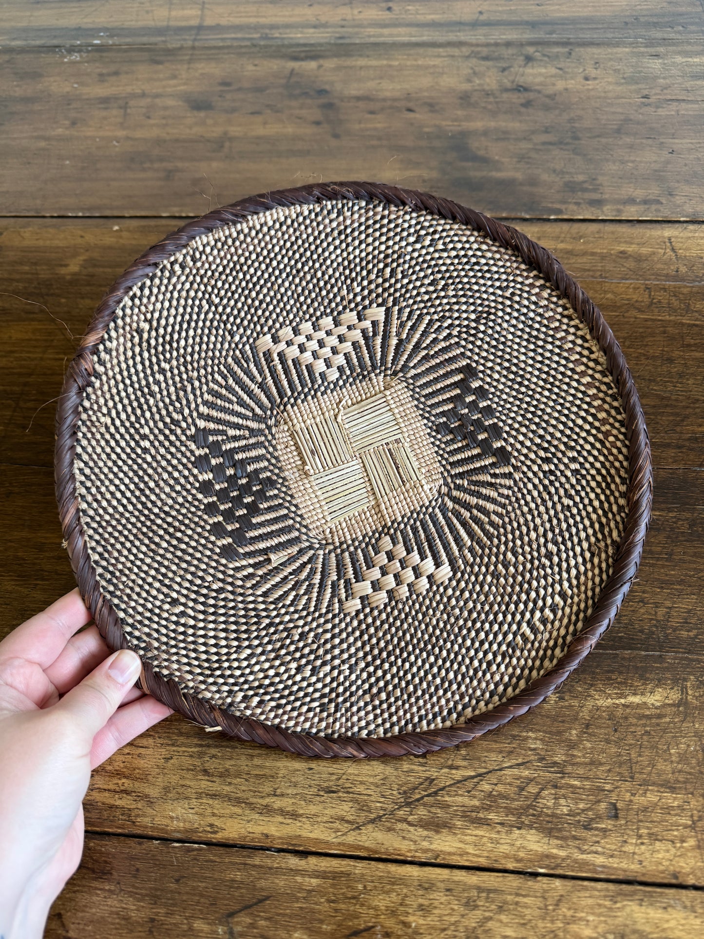 Vintage Woven African Flat Style Basket with Detailed Weaving Design