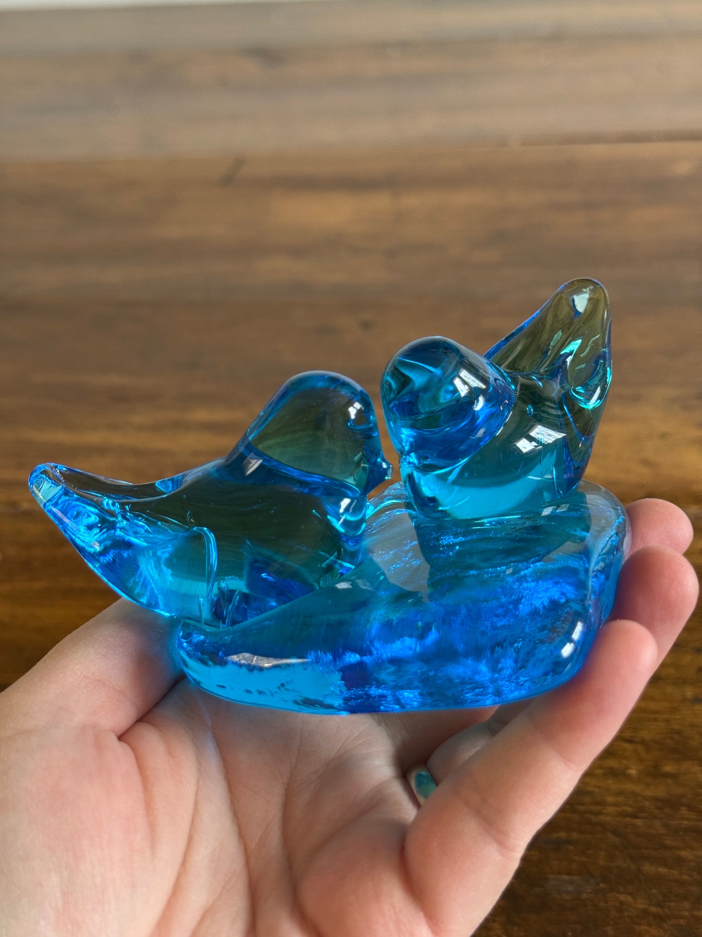 Vintage Glass Blue Birds of Happiness on Heart - Signed Paperweight