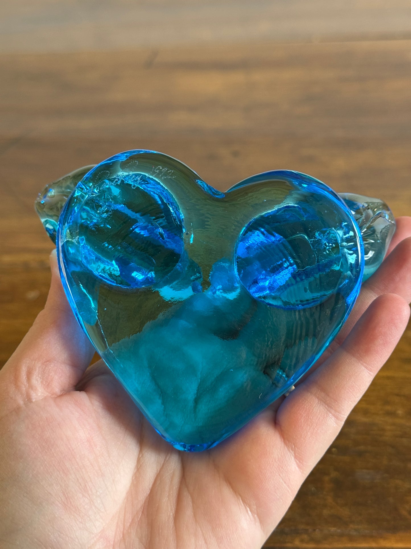 Vintage Glass Blue Birds of Happiness on Heart - Signed Paperweight