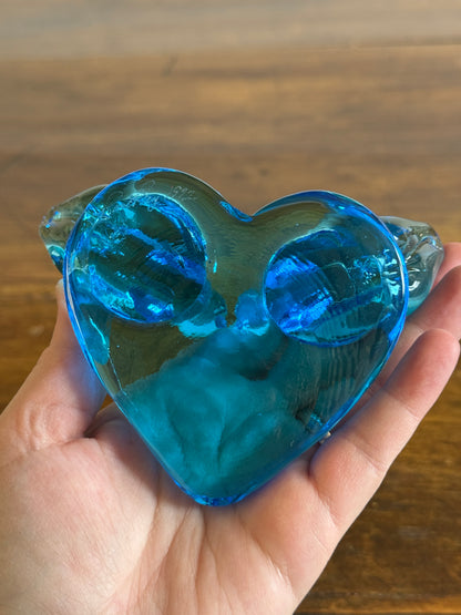 Vintage Glass Blue Birds of Happiness on Heart - Signed Paperweight