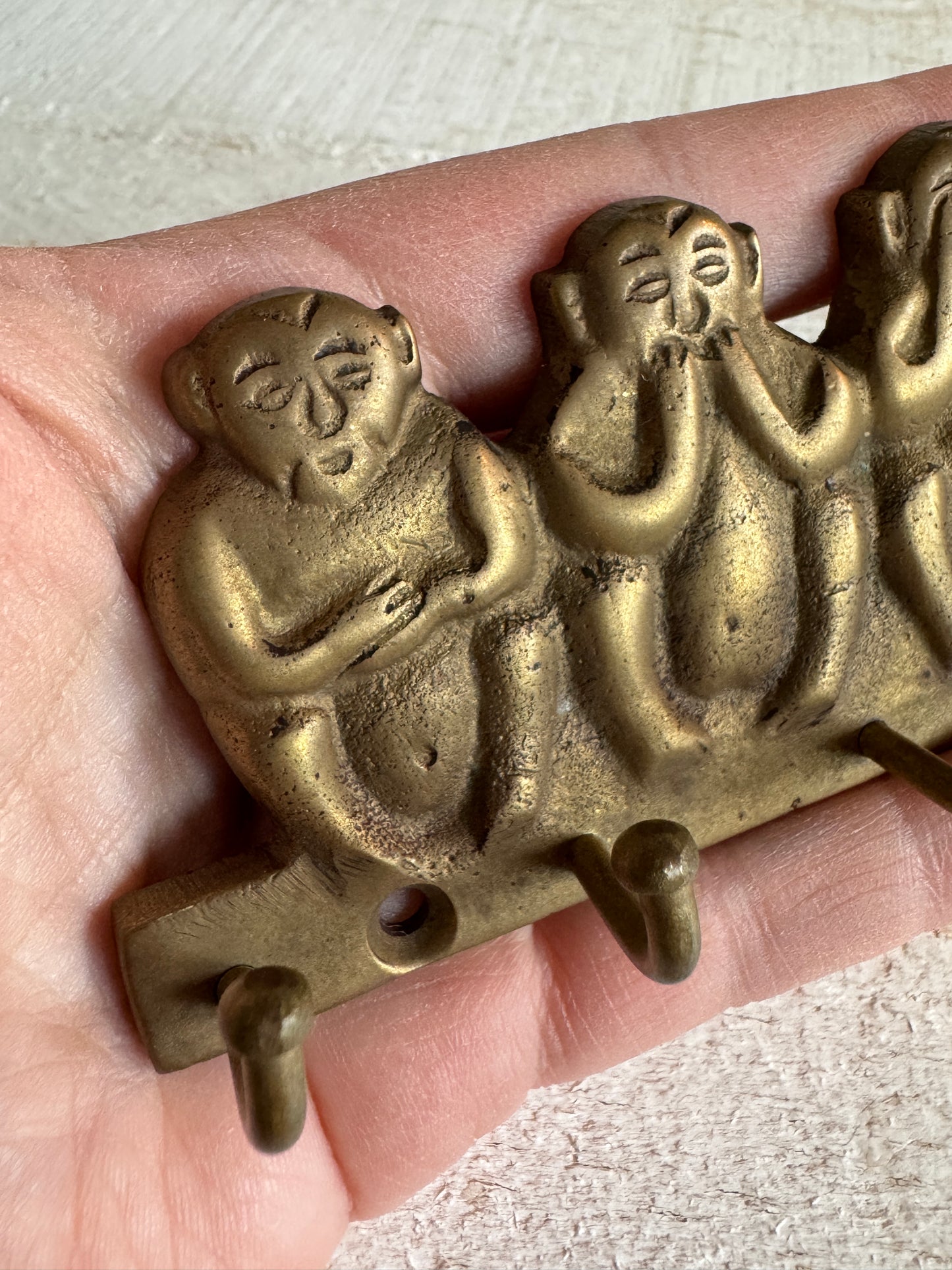 Vintage Brass Wise Monkey Key Hook Organizer - Four Wise Monkeys - Hear, See, Speak, Feel No Evil Key Rack
