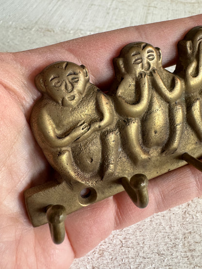 Vintage Brass Wise Monkey Key Hook Organizer - Four Wise Monkeys - Hear, See, Speak, Feel No Evil Key Rack