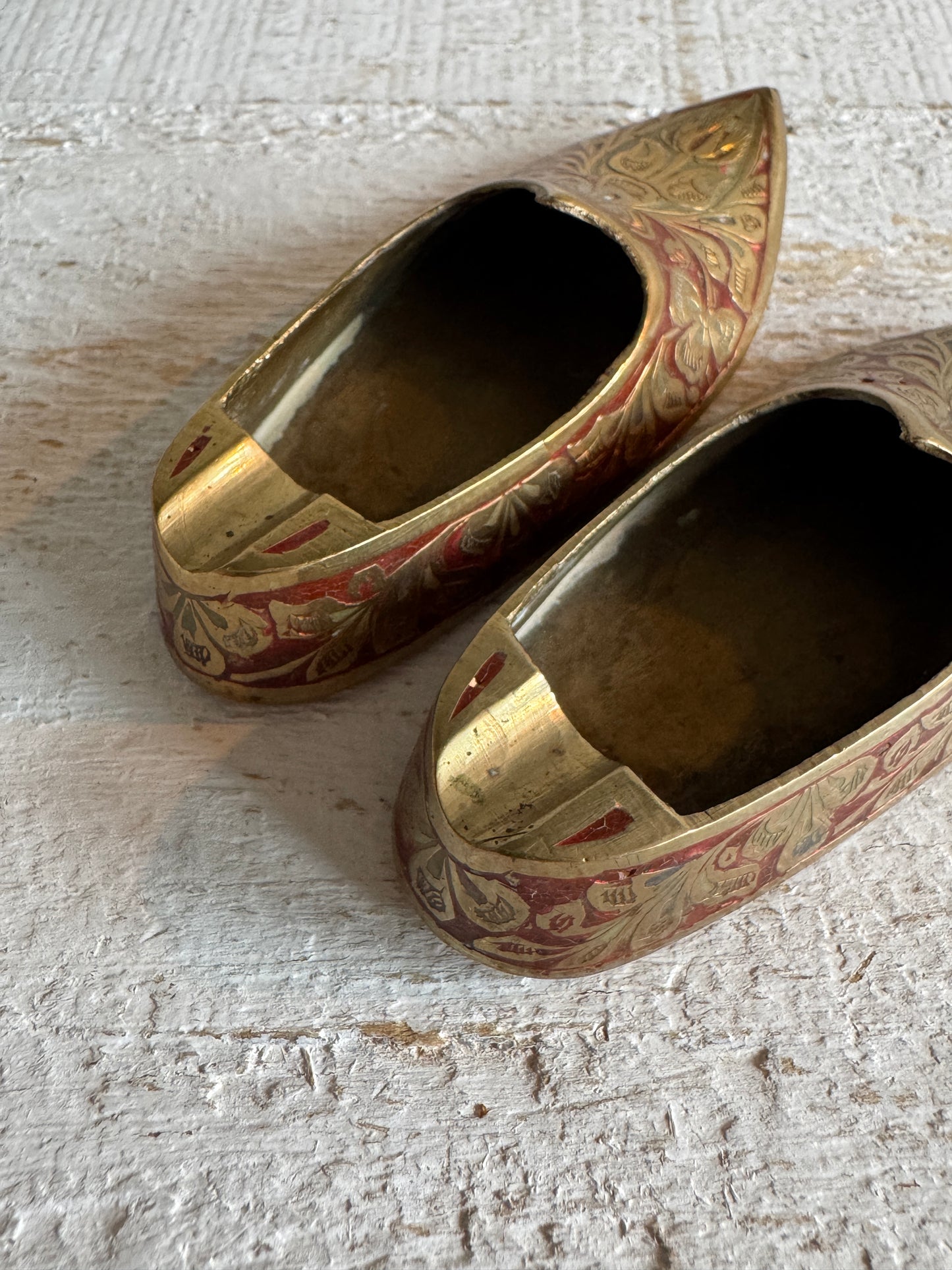 Vintage Pair of Brass with Enamel Shoe Figures - Collectible Ashtray Holder Shaped Like Shoes
