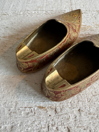 Vintage Pair of Brass with Enamel Shoe Figures - Collectible Ashtray Holder Shaped Like Shoes