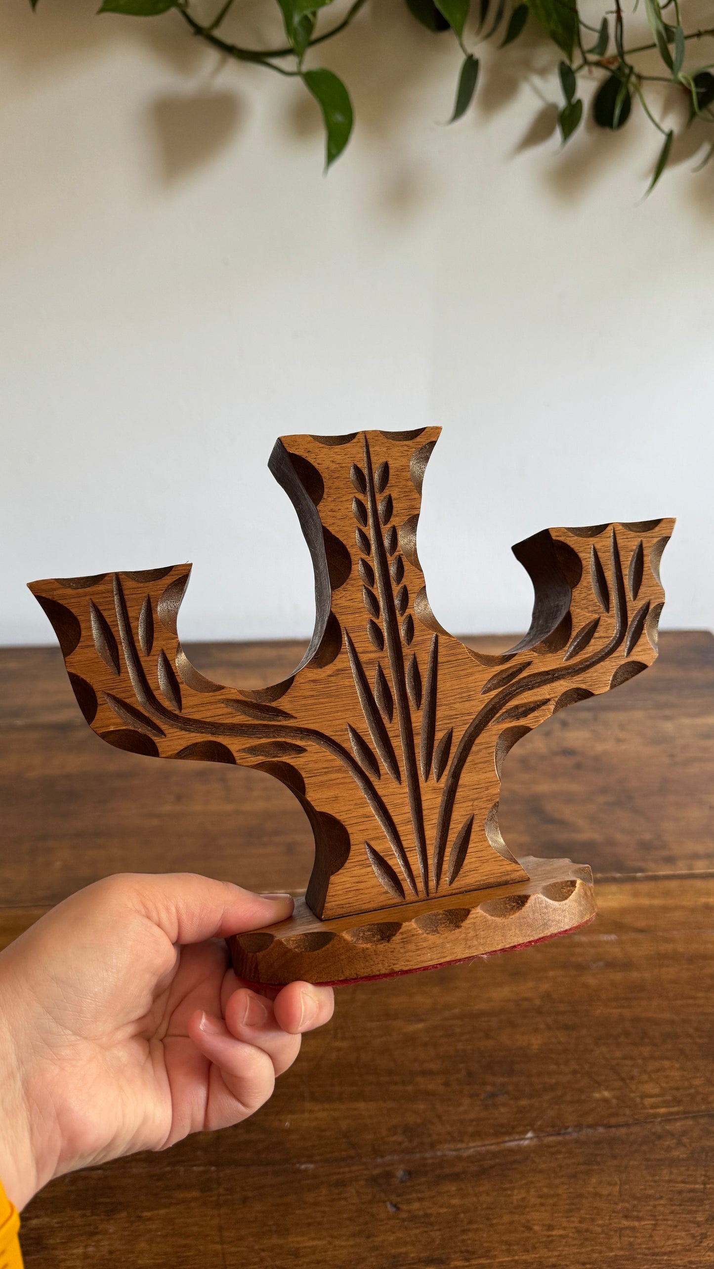 Vintage Wood Folk Art Carved Candelabra