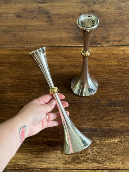 Pair of Vintage Dansk Silver-Plated and Brass Candlestick Holders - Modern Candle Holder Set of Two