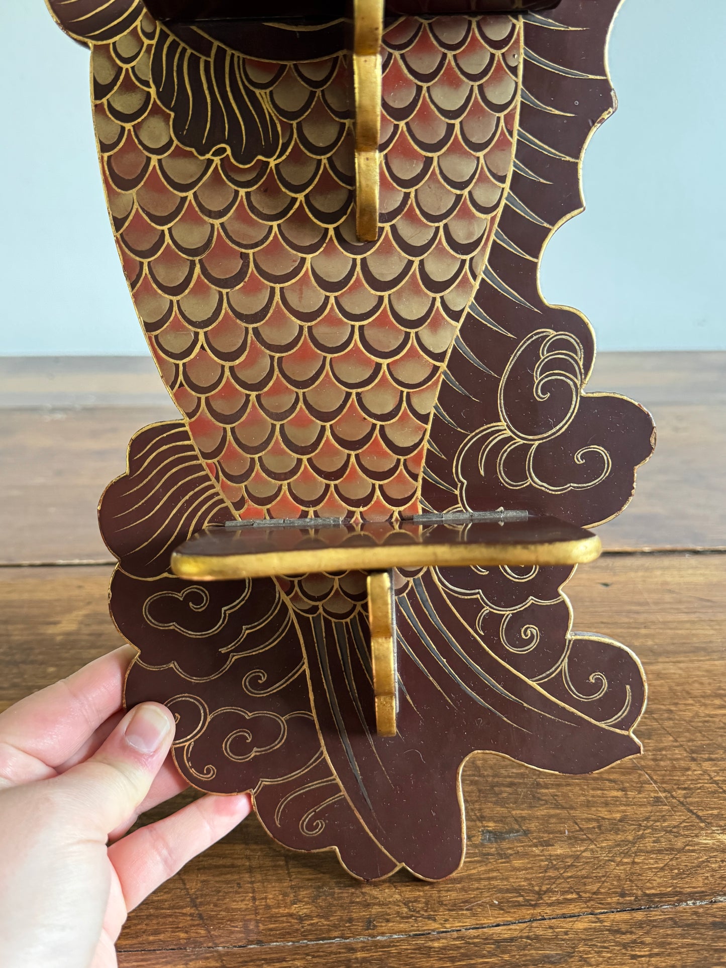 Vintage Wood Folding Koi Shelf with Two Small Ledges
