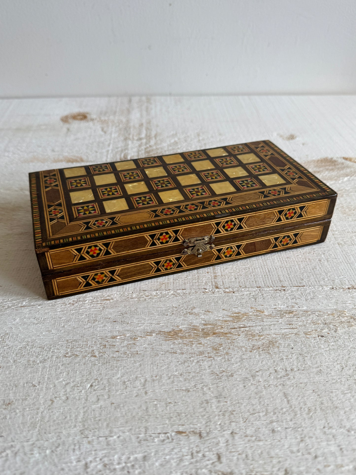 Small Travel Sized Folding Chess and Backgammon 2-in-1 Set with Stunning Marquetry Detailing and Wooden Pieces
