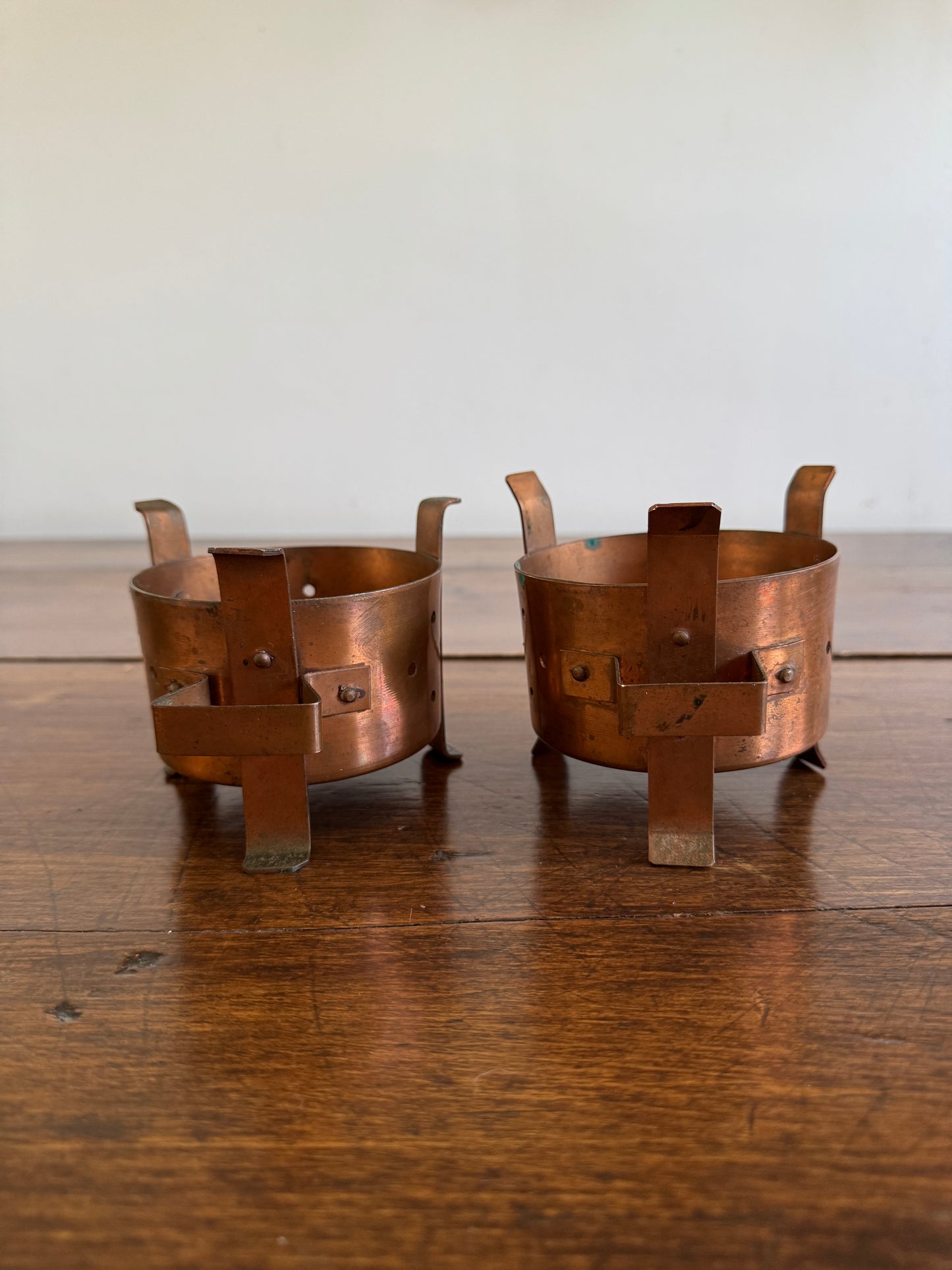 Two Copper Warming Holders - Two Copper Reclaimed Candle Holders