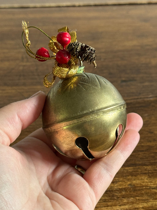 Vintage Brass Holiday Bell Ornament with Faux Holly Decor