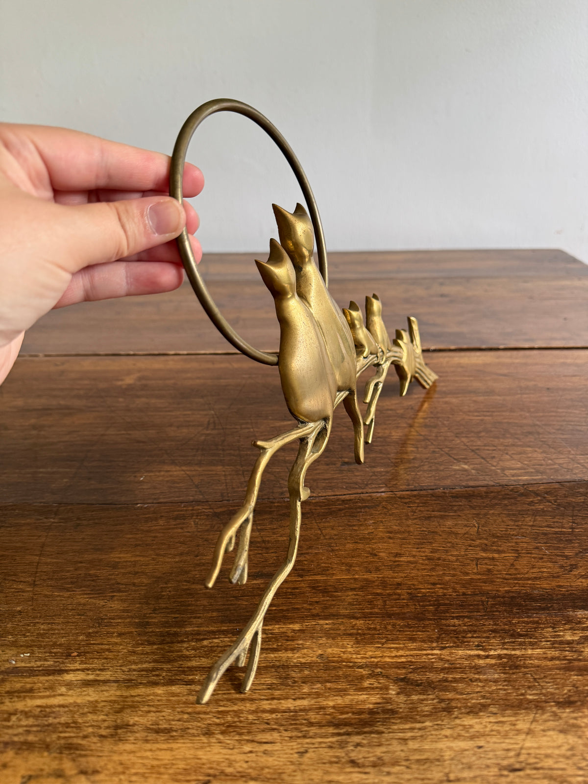 Brass Cats on Branch with Moon Wall Hanging Sculpture