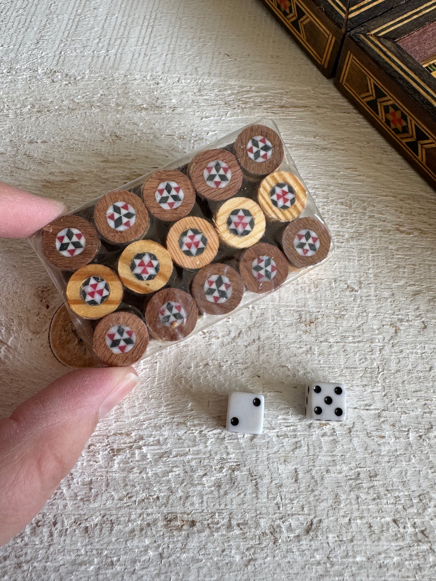 Small Travel Sized Folding Chess and Backgammon 2-in-1 Set with Stunning Marquetry Detailing and Wooden Pieces