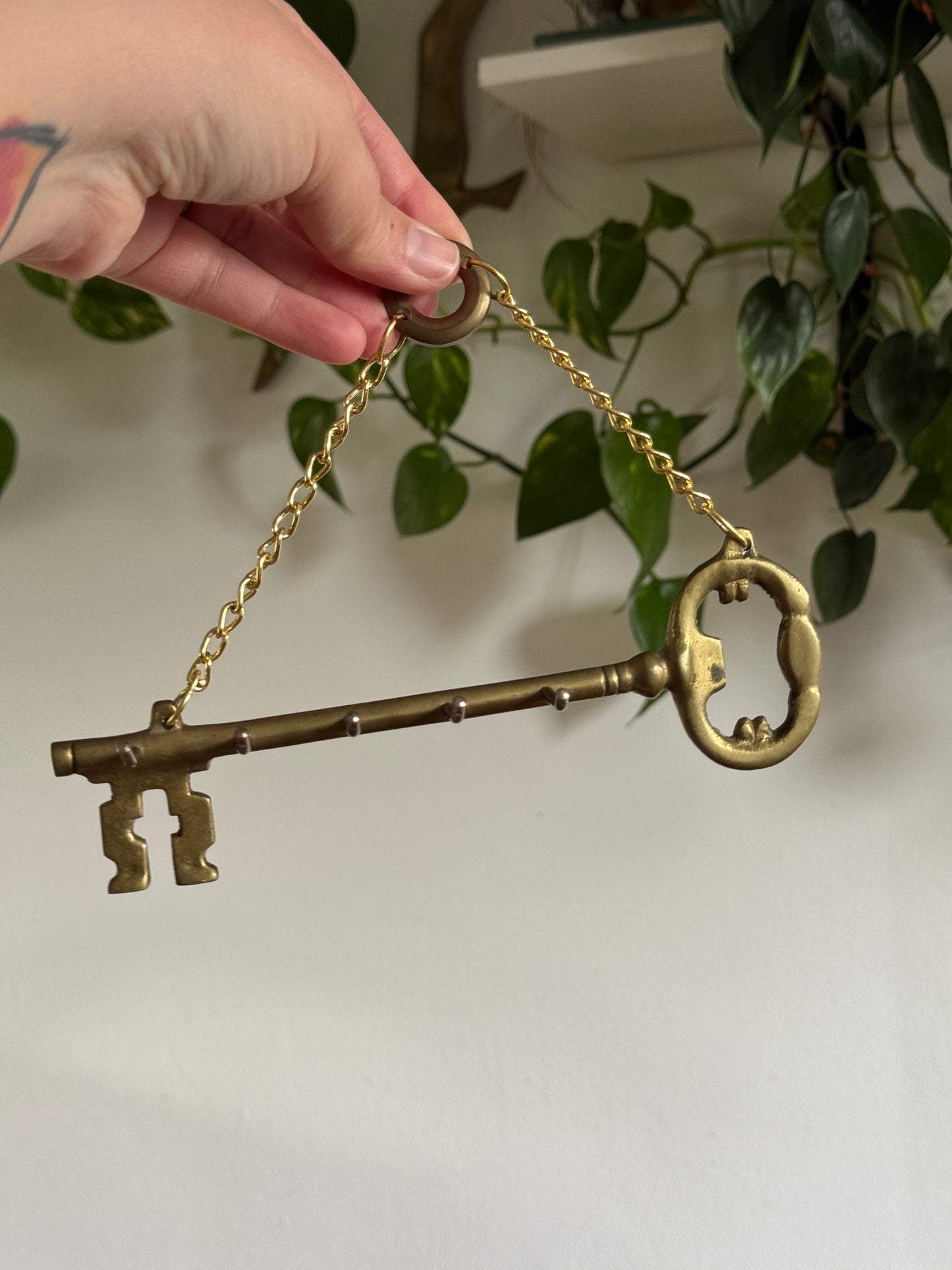 Vintage Brass Key Hook Shaped Like Old Key with Chain and Hooks