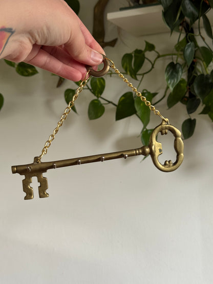 Vintage Brass Key Hook Shaped Like Old Key with Chain and Hooks