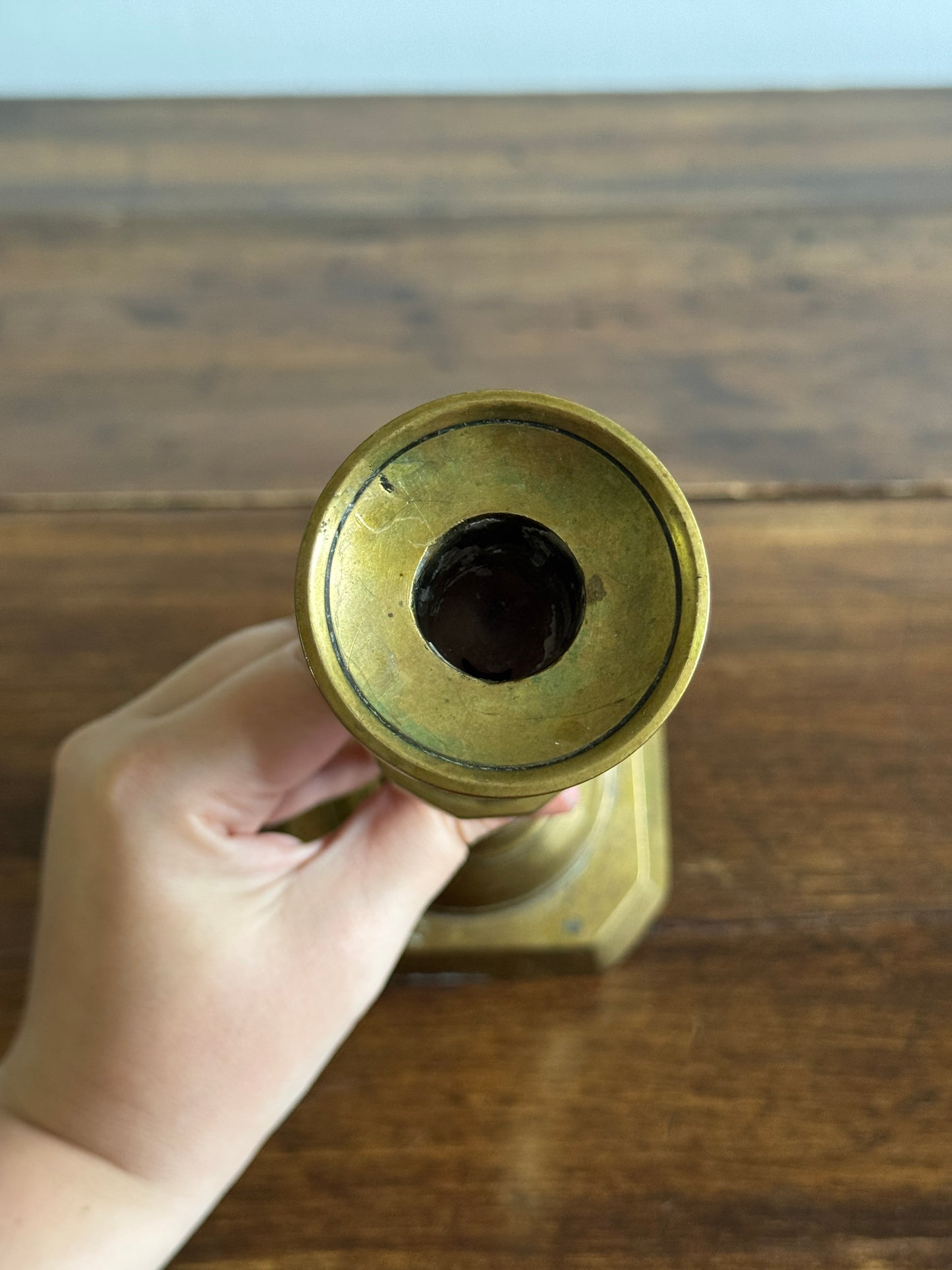 Single Large Brass Candlestick with Squared Base and Simple Fluted Post Detailing