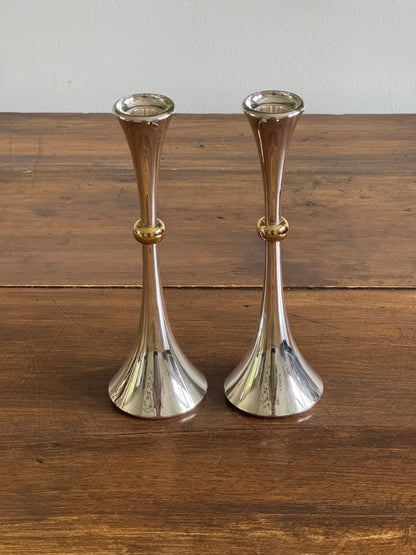 Pair of Vintage Dansk Silver-Plated and Brass Candlestick Holders - Modern Candle Holder Set of Two
