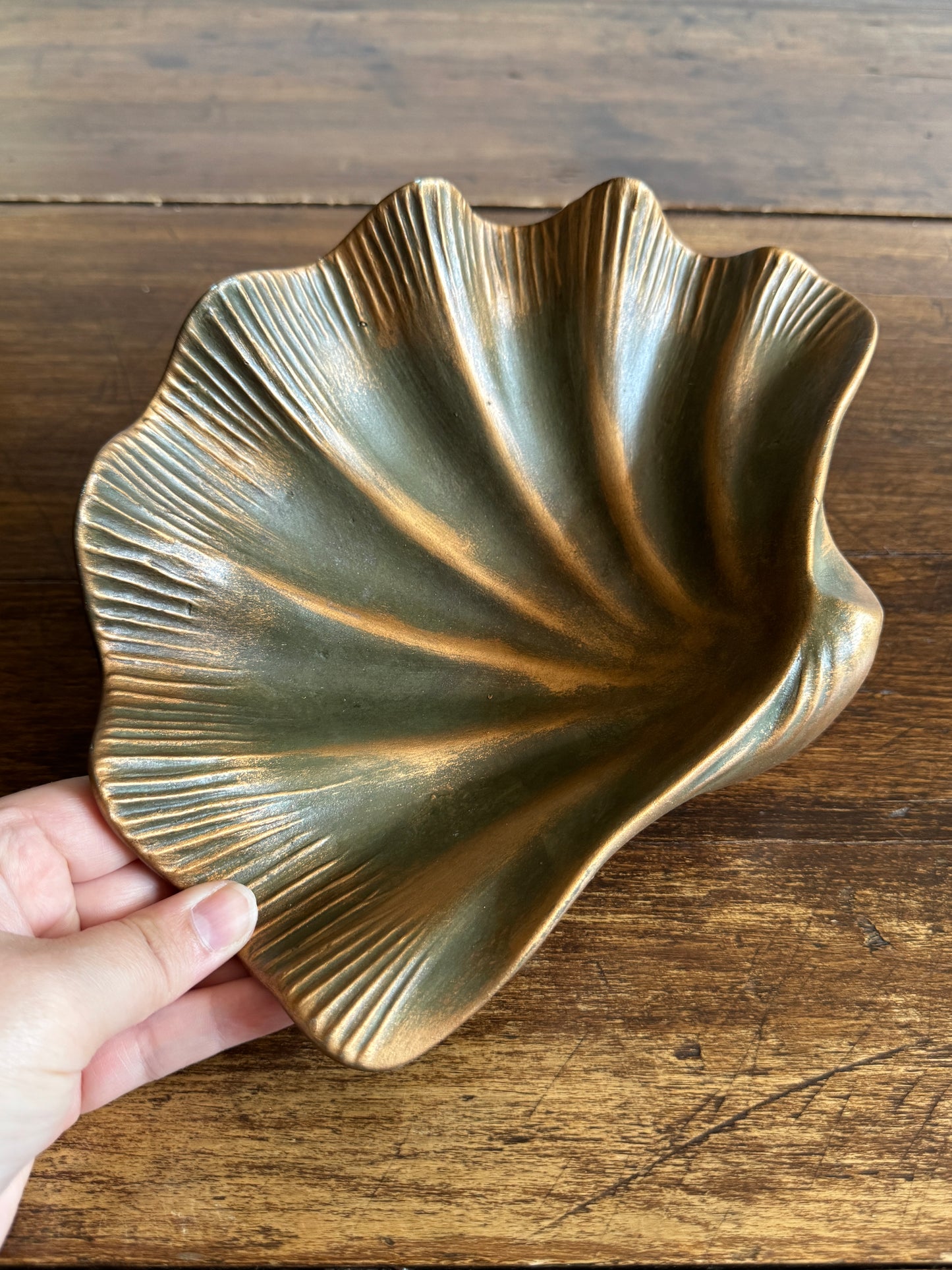 Pottery Shell Shaped Bowl with Faux Metal/Patina Finish - Made in Mexico