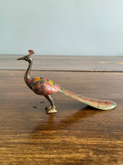Brass Peacock Figurine with Etched and Enamel Painted Detailing