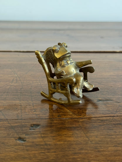 Vintage Brass Frog on Rocking Chair Small Figurine