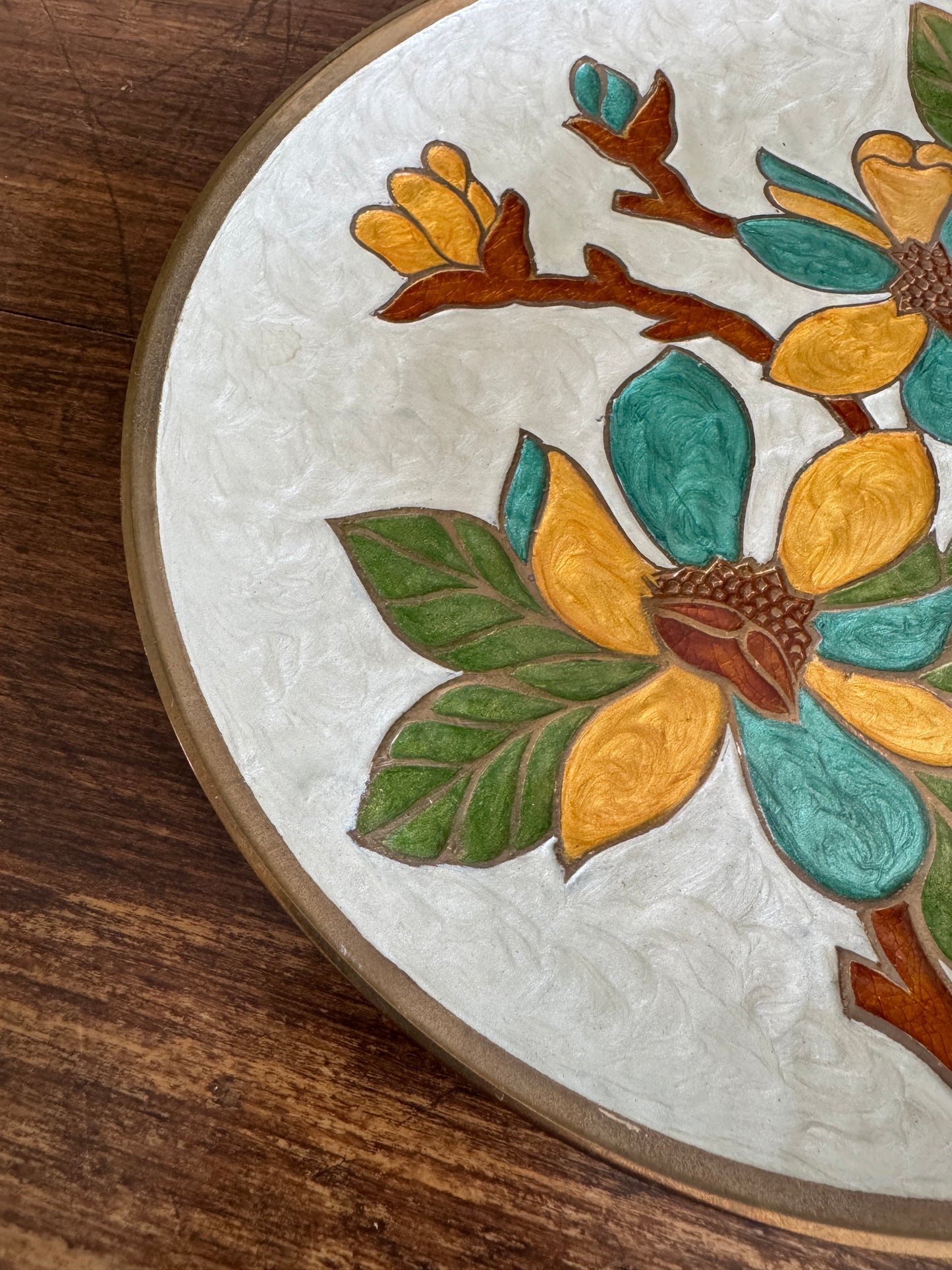 Heavy Enamel Brass Wall Plate with Flower and Leaf Design