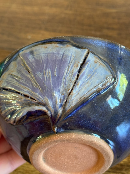 Hand Crafted Small Pottery Bowl with Leaf Design and Beautiful Blue Tones