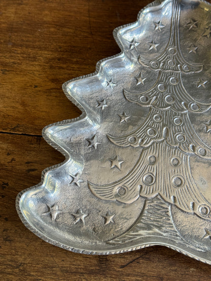 Silver-Tone Metal Christmas Tree Tray with Embossed Detailing