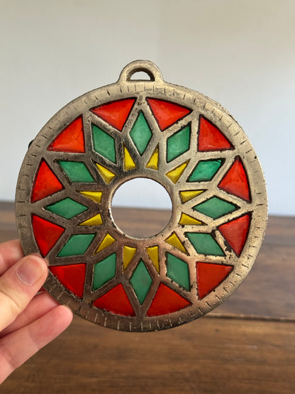 Colourful Metal Trivet with Faux Stained Glass Appearance - Made in Taiwan