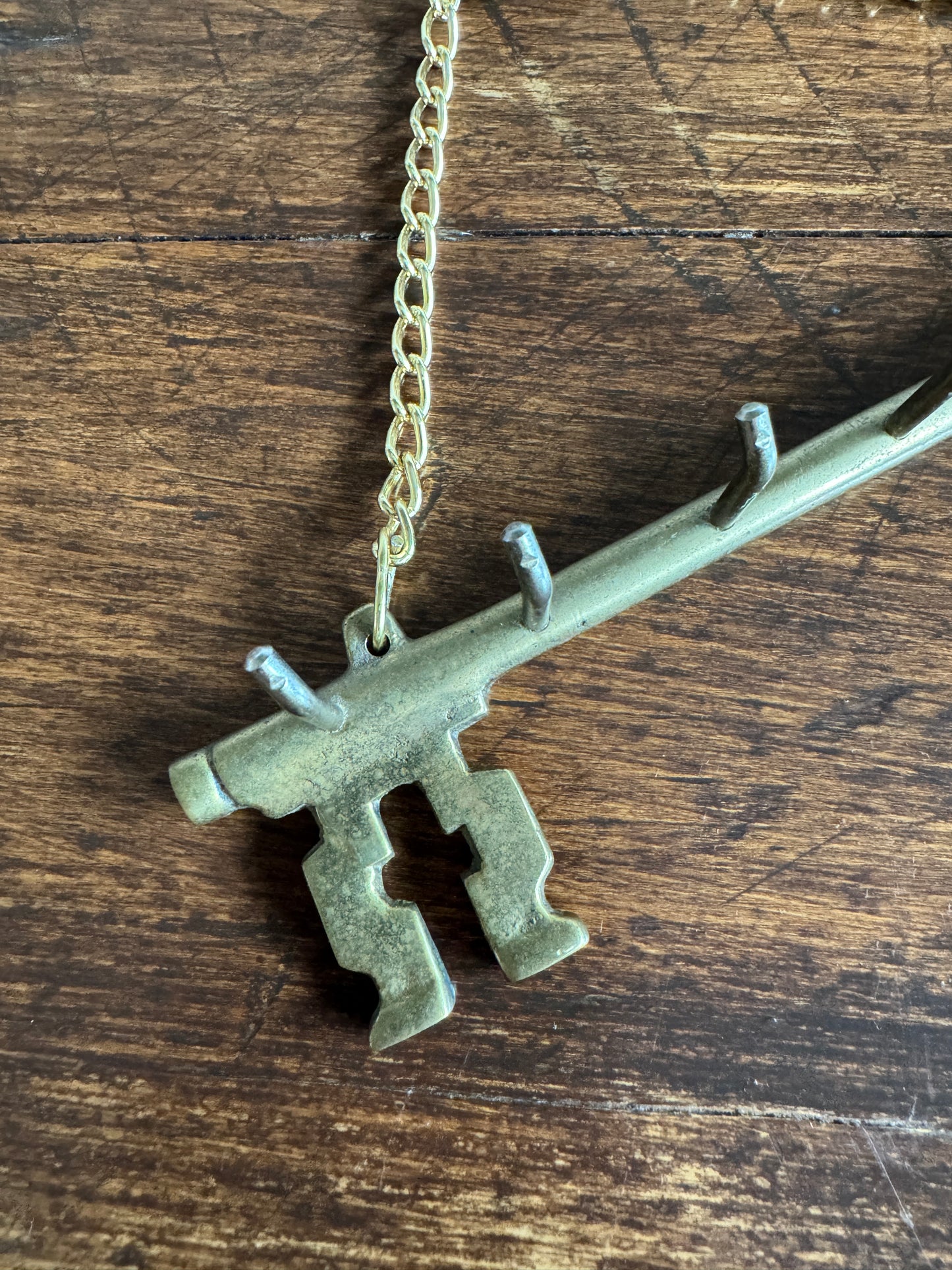 Vintage Brass Key Hook Shaped Like Old Key with Chain and Hooks