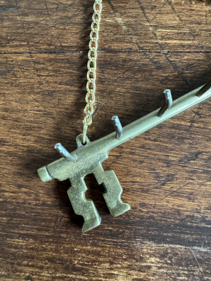 Vintage Brass Key Hook Shaped Like Old Key with Chain and Hooks