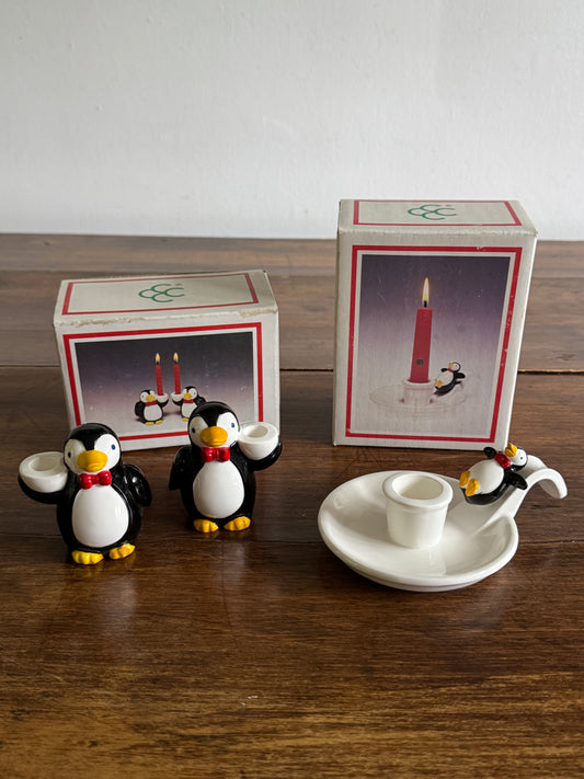 Pick One: Cheeky Holiday Penguin Candle Holders, Pair or Single Style - Made in Korea