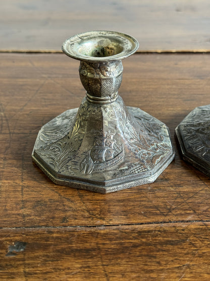 Pair of Etched Silver-Tone Repousse Candle Holders