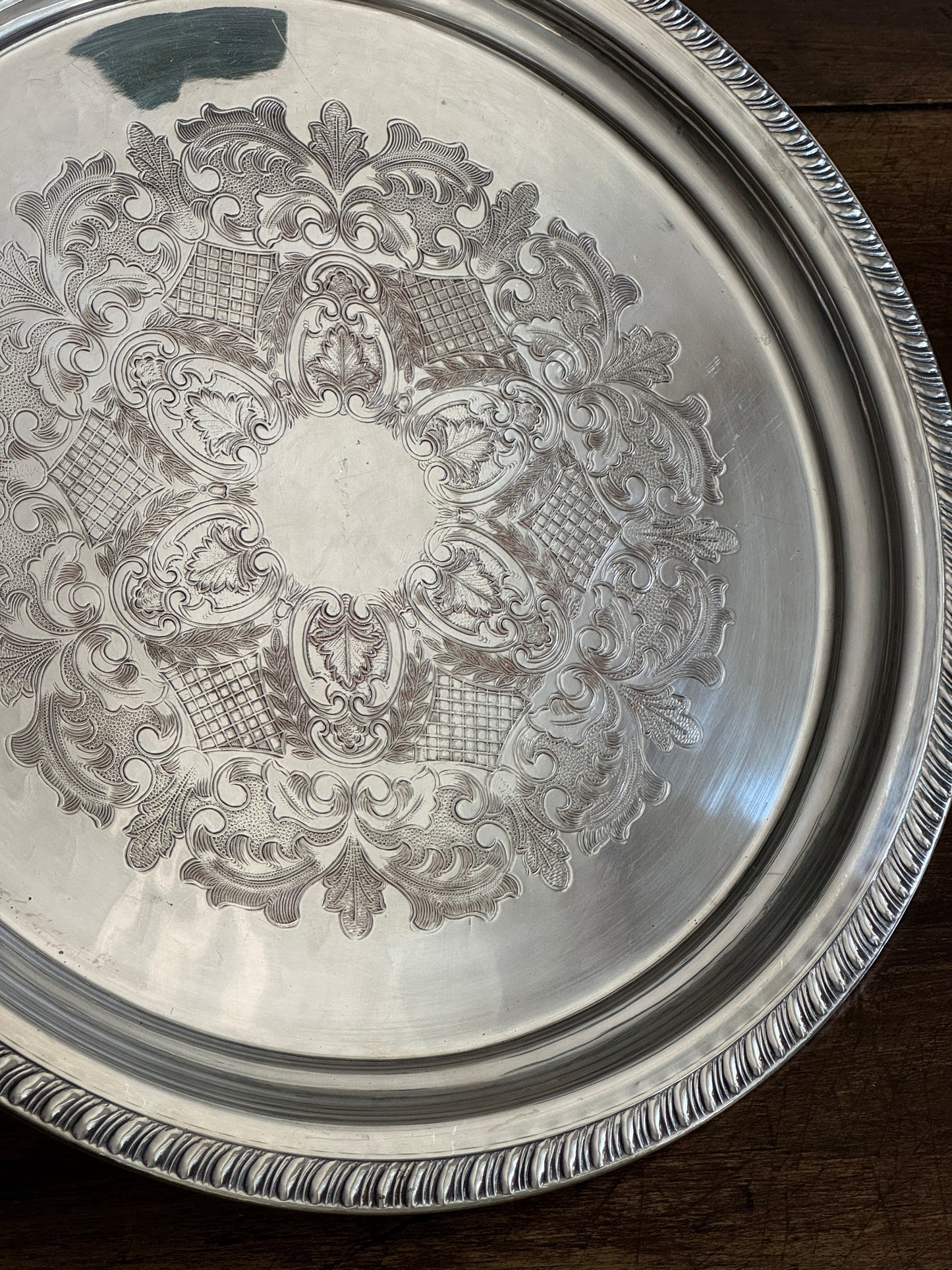 Large Vintage Viking Plate Silver E.P. on Copper Round Tray with Etched Detailing