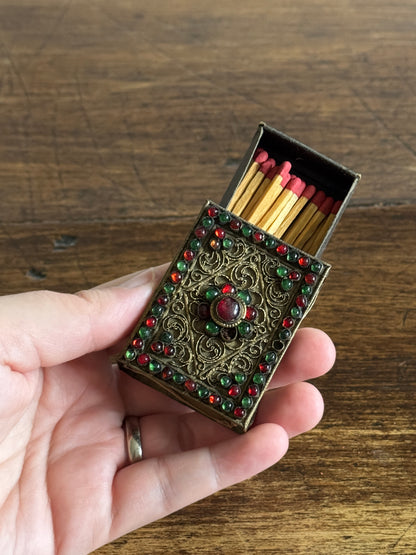 Small Decorative Metal Filigree and Glass Beaded Match Box Cover/Holder