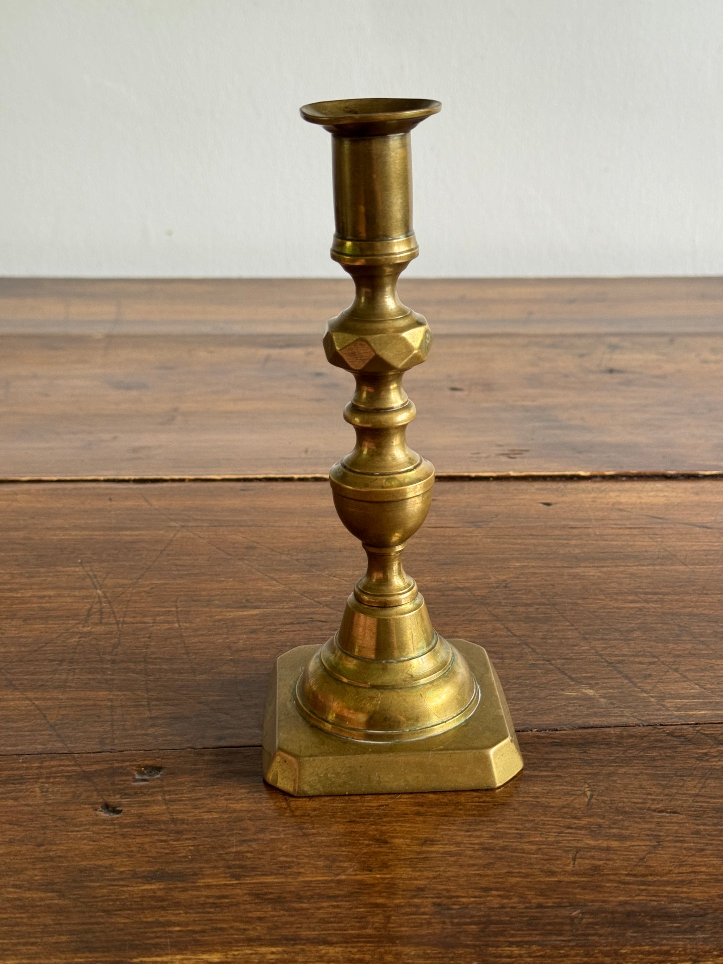 Single Vintage Brass Candlestick Holder with Squared Base and Ornate Post Detailing