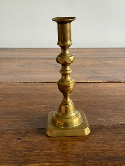 Single Vintage Brass Candlestick Holder with Squared Base and Ornate Post Detailing