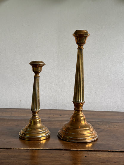 Vintage Pair of Brass Candlestick Holders with Ribbed Post and Weighted Bases