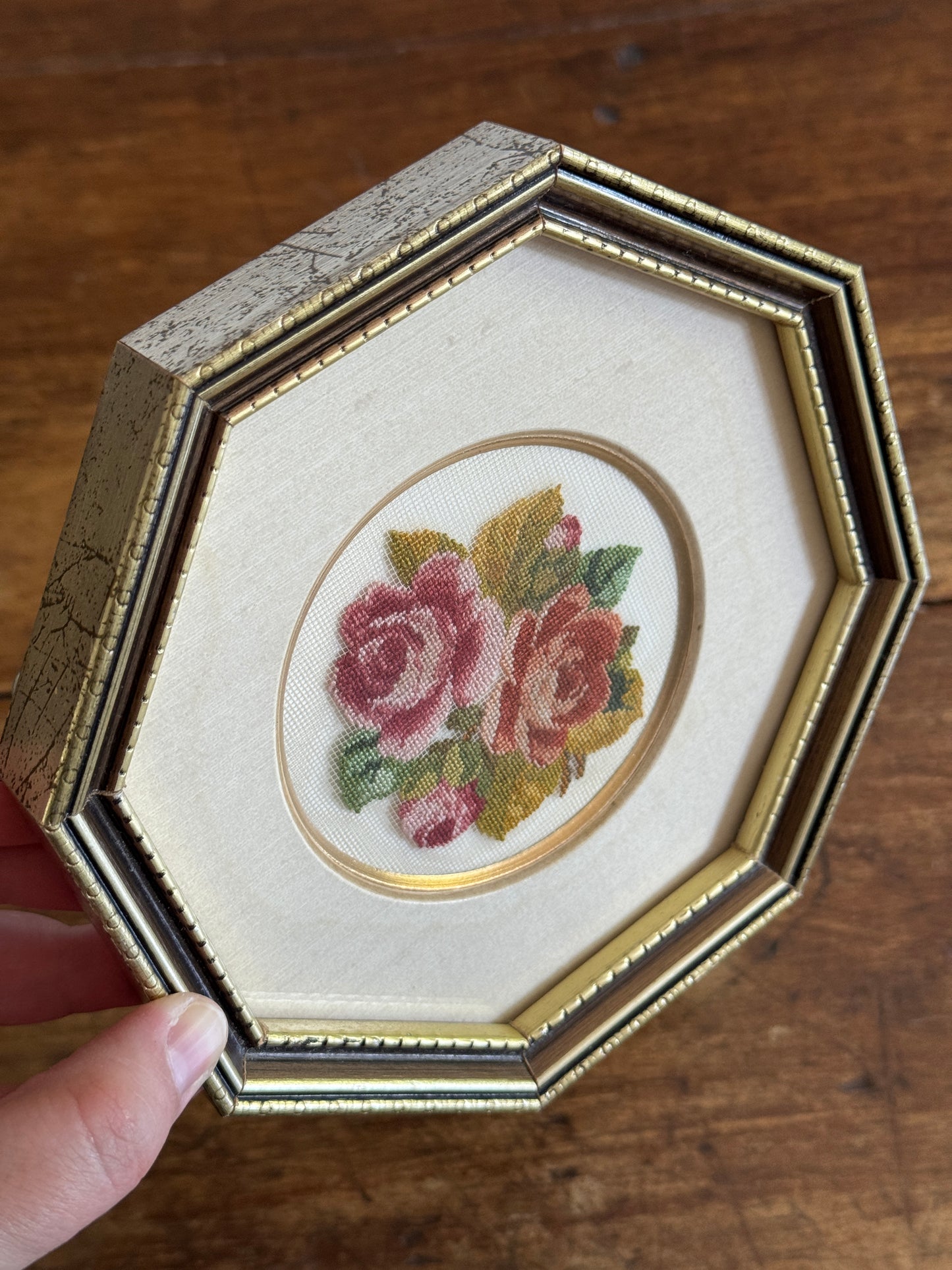Vintage Petite Point Flower Art in Octagon Frame