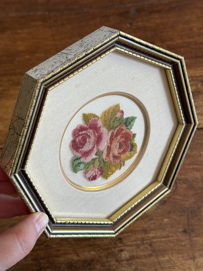 Vintage Petite Point Flower Art in Octagon Frame